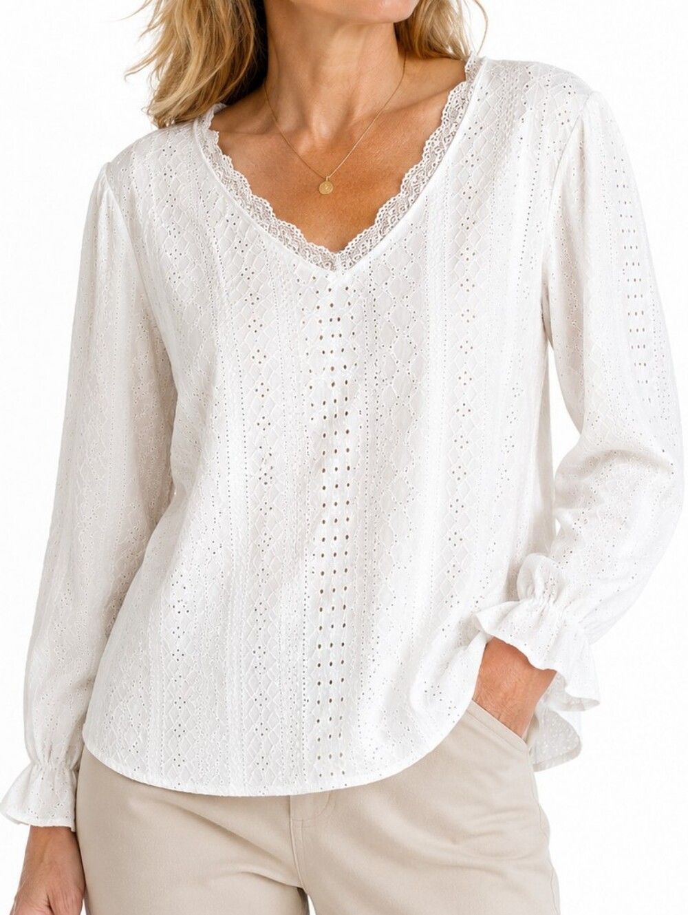 White Eyelet Lace Blouse Women's Size Small Boho Cottagecore Long Sleeve V-Neck